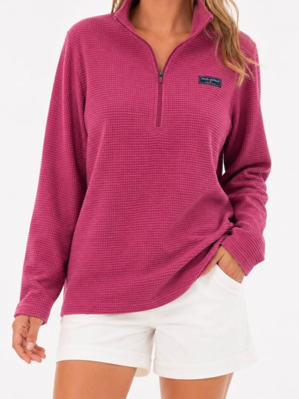 Simply Southern Pink Textured Grid Fleece 1/4 Zip Mock Neck Pullover [size L] - Picture 11 of 11